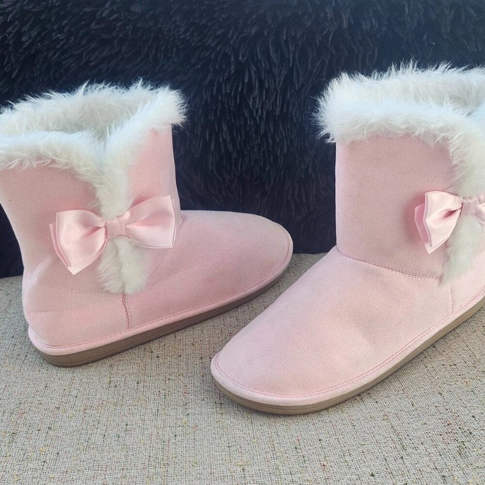 Gymboree Girl Boots Pink Fabric Upper Bow Side Faux Fur inside Shoes Size 4